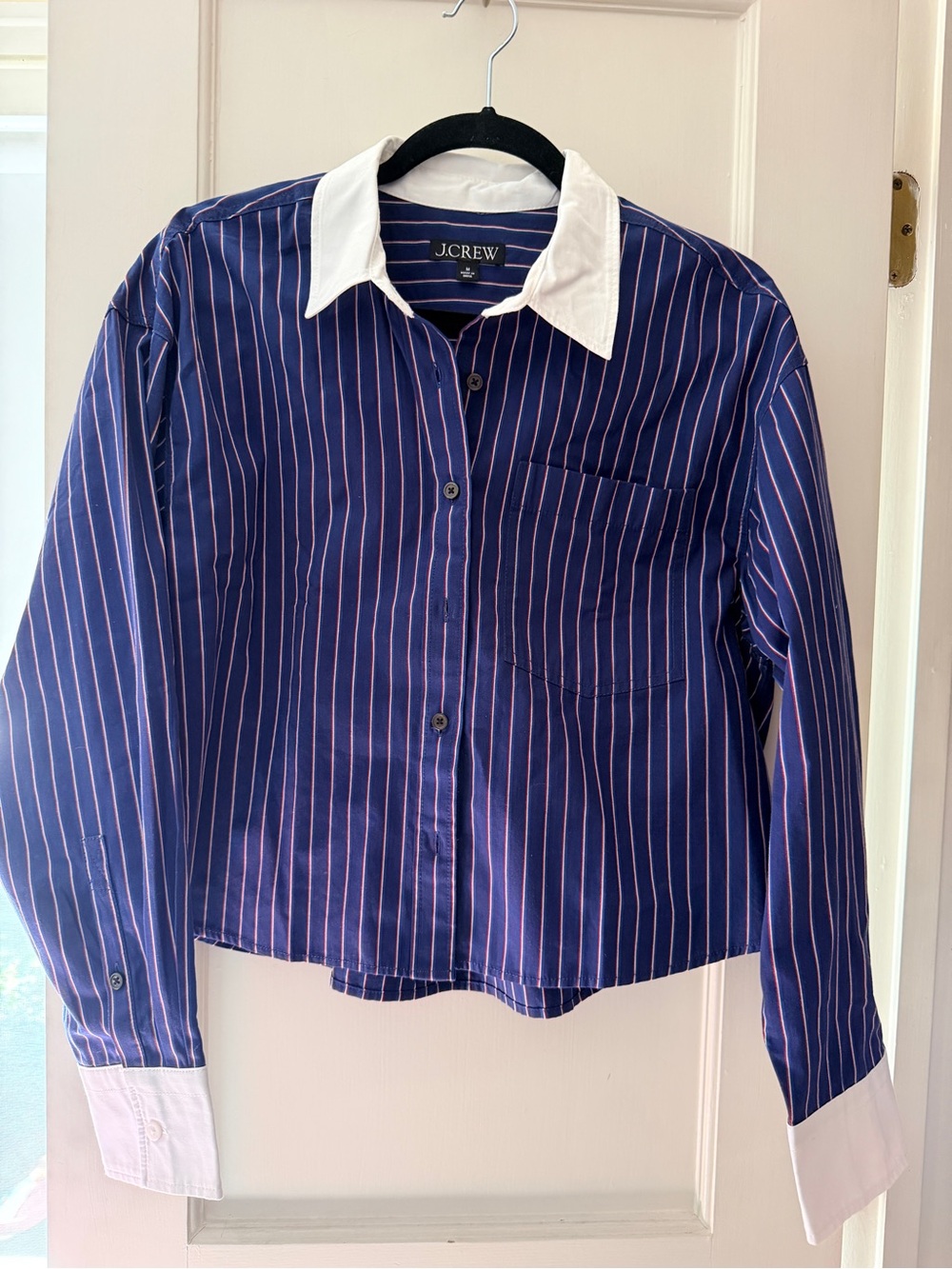 J. Crew Etienne Cropped Navy and Pink Stripe Button-Down Shirt with White Collar